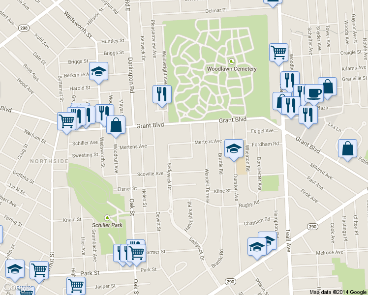 map of restaurants, bars, coffee shops, grocery stores, and more near 616 Mertens Avenue in Syracuse