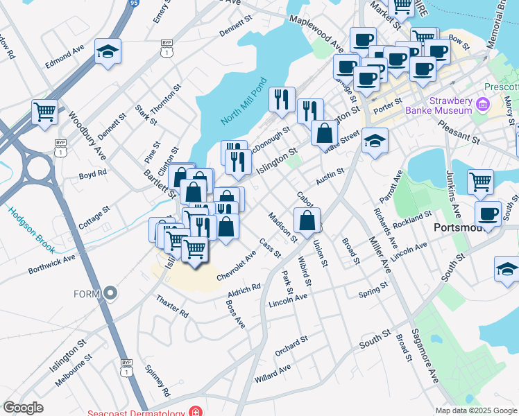 map of restaurants, bars, coffee shops, grocery stores, and more near 922 State Street in Portsmouth