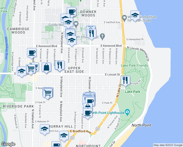 map of restaurants, bars, coffee shops, grocery stores, and more near 2606 East Locust Street in Milwaukee