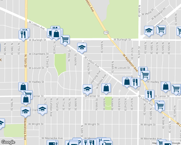 map of restaurants, bars, coffee shops, grocery stores, and more near 6675 West Locust Street in Milwaukee
