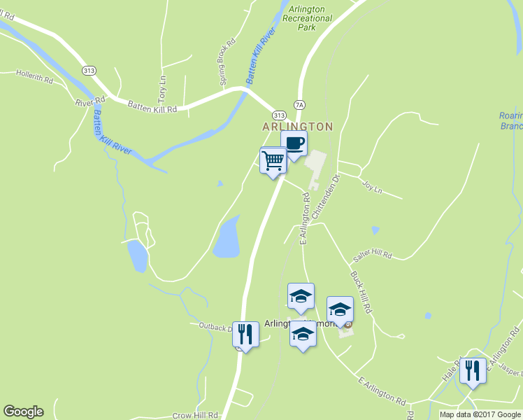 map of restaurants, bars, coffee shops, grocery stores, and more near 3633 Vermont 7A in Arlington