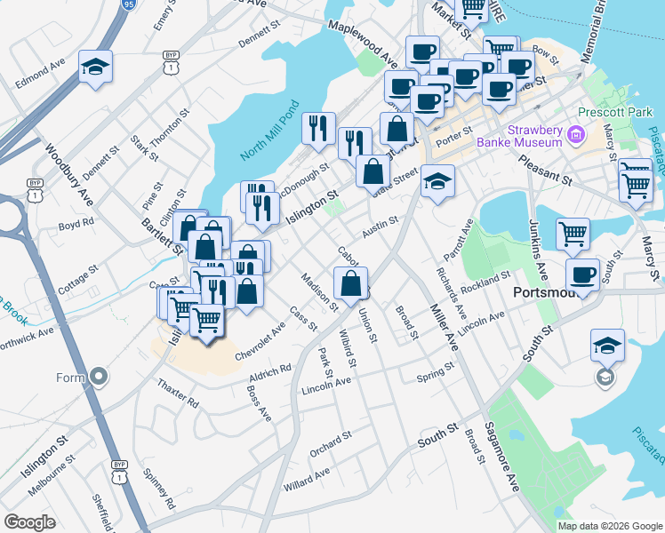 map of restaurants, bars, coffee shops, grocery stores, and more near 274 Austin Street in Portsmouth