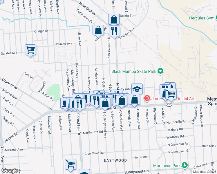 map of restaurants, bars, coffee shops, grocery stores, and more near 207 North Edwards Avenue in Syracuse
