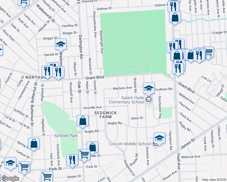 map of restaurants, bars, coffee shops, grocery stores, and more near 616 Mertens Avenue in Syracuse