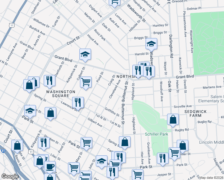 map of restaurants, bars, coffee shops, grocery stores, and more near 238 Cleveland Avenue in Syracuse