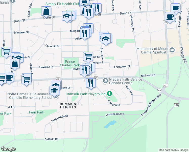 map of restaurants, bars, coffee shops, grocery stores, and more near in Niagara Falls