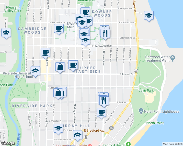map of restaurants, bars, coffee shops, grocery stores, and more near 2863 North Prospect Avenue in Milwaukee