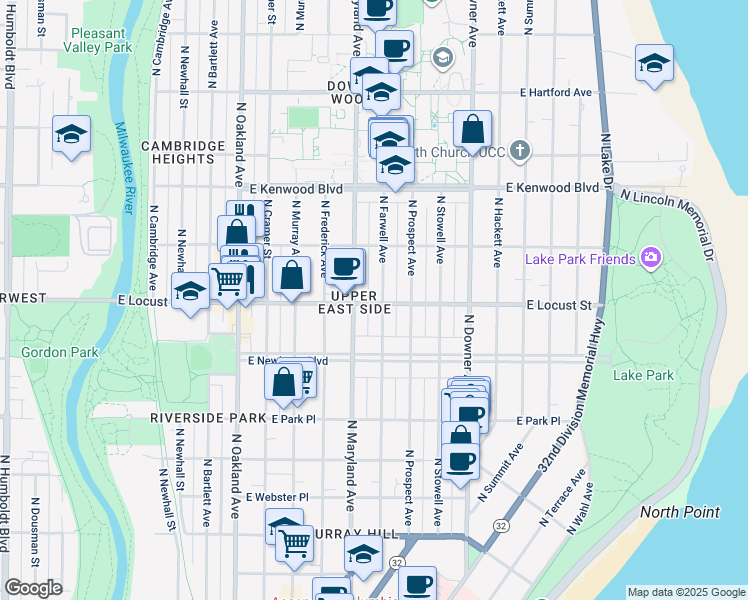 map of restaurants, bars, coffee shops, grocery stores, and more near 2903 North Farwell Avenue in Milwaukee