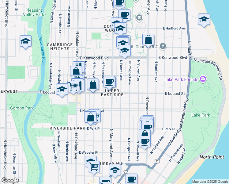 map of restaurants, bars, coffee shops, grocery stores, and more near 2903 North Farwell Avenue in Milwaukee