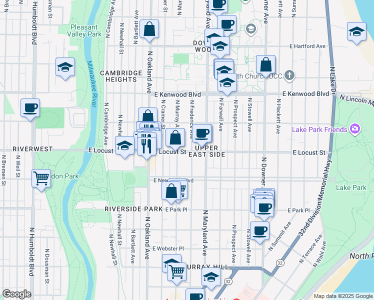 map of restaurants, bars, coffee shops, grocery stores, and more near 2864 North Murray Avenue in Milwaukee