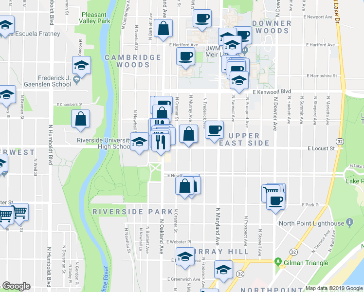 map of restaurants, bars, coffee shops, grocery stores, and more near 2866 North Cramer Street in Milwaukee