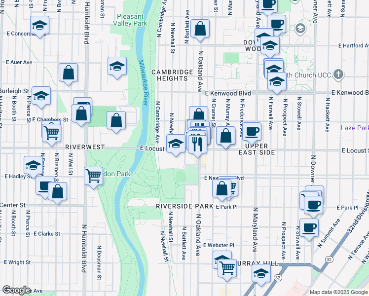 map of restaurants, bars, coffee shops, grocery stores, and more near 2905 North Bartlett Avenue in Milwaukee