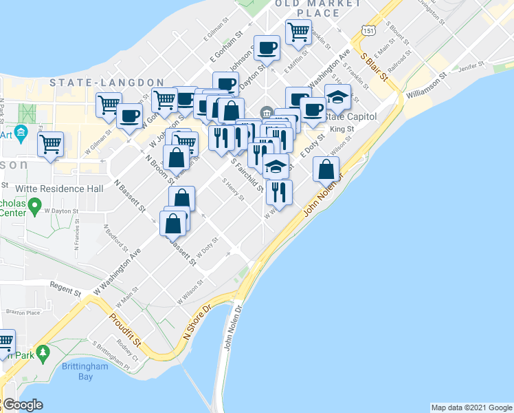 map of restaurants, bars, coffee shops, grocery stores, and more near 200 South Henry Street in Madison