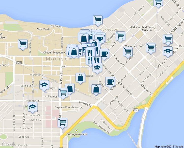 map of restaurants, bars, coffee shops, grocery stores, and more near 550 West Dayton Street in Madison
