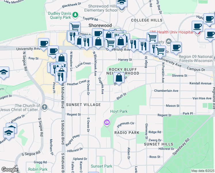 map of restaurants, bars, coffee shops, grocery stores, and more near 405 Eugenia Avenue in Madison