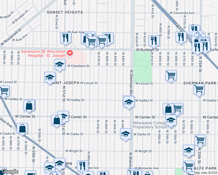 map of restaurants, bars, coffee shops, grocery stores, and more near 2857 North 45th Street in Milwaukee