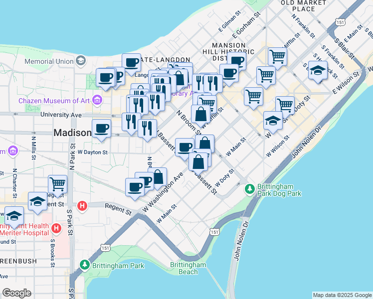 map of restaurants, bars, coffee shops, grocery stores, and more near 441 West Mifflin Street in Madison