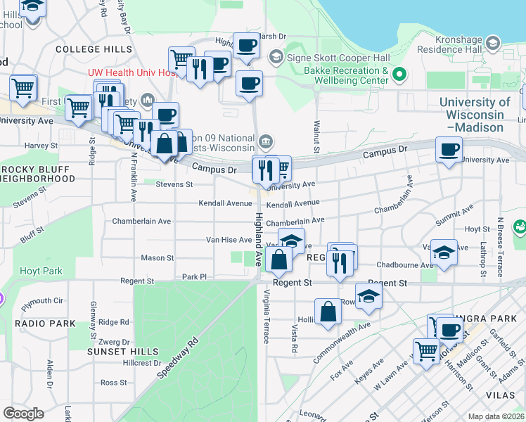 map of restaurants, bars, coffee shops, grocery stores, and more near 311 Highland Avenue in Madison