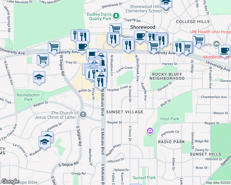 map of restaurants, bars, coffee shops, grocery stores, and more near 3549 Heather Crest in Madison