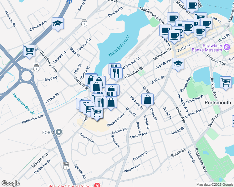 map of restaurants, bars, coffee shops, grocery stores, and more near 2 Columbia Court in Portsmouth