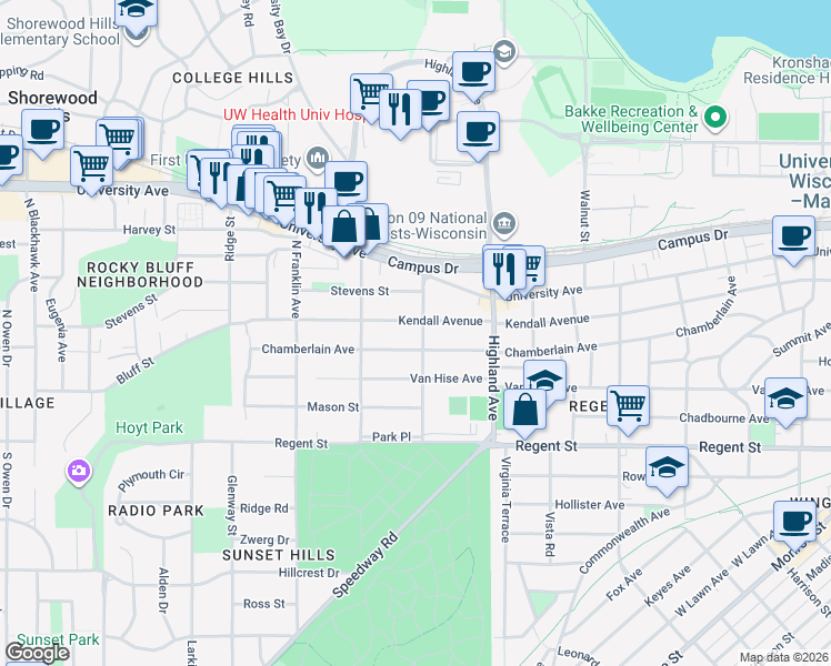 map of restaurants, bars, coffee shops, grocery stores, and more near 312 Grand Avenue in Madison