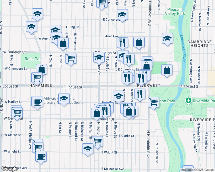 map of restaurants, bars, coffee shops, grocery stores, and more near East Locust Street & North Booth Street in Milwaukee