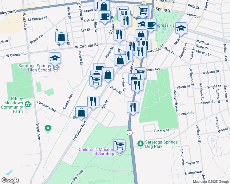 map of restaurants, bars, coffee shops, grocery stores, and more near 34 Spa Drive in Saratoga Springs