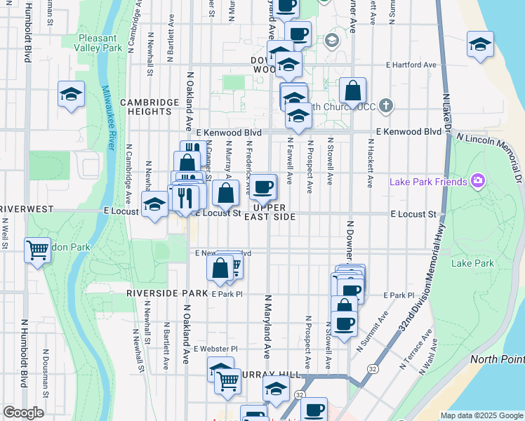 map of restaurants, bars, coffee shops, grocery stores, and more near 2122 East Locust Street in Milwaukee