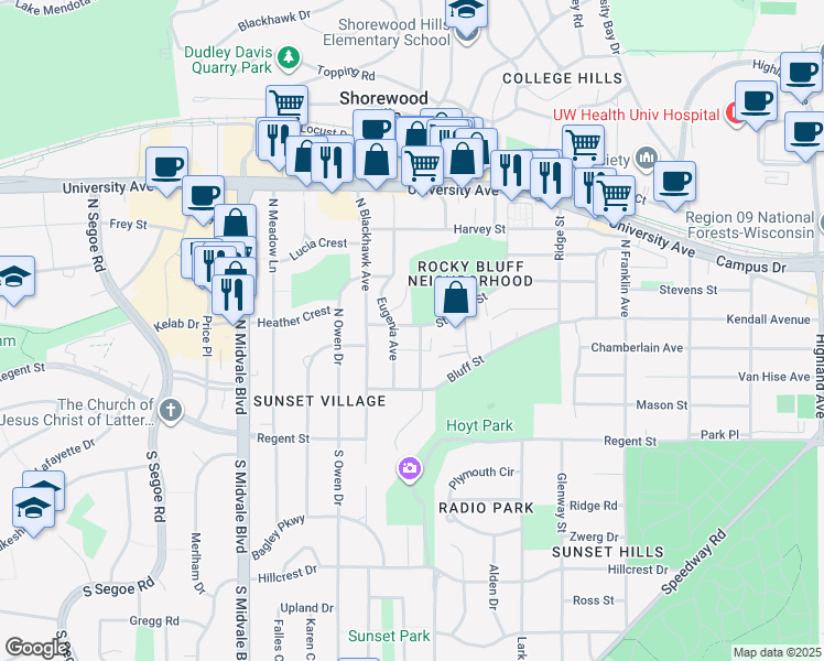 map of restaurants, bars, coffee shops, grocery stores, and more near 405 Eugenia Avenue in Madison