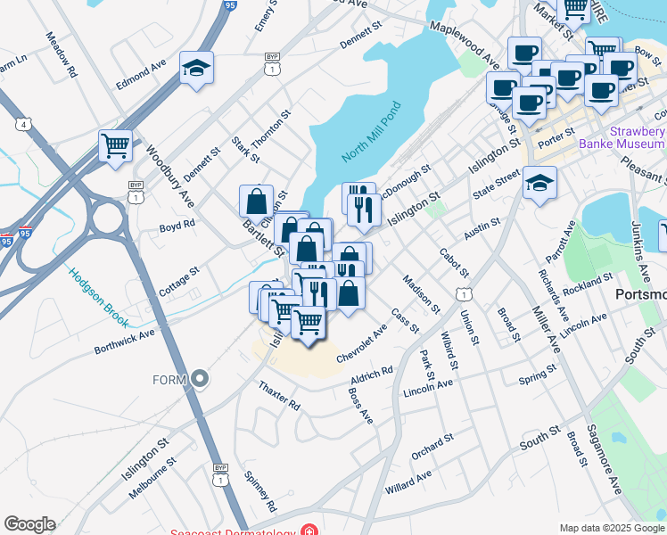 map of restaurants, bars, coffee shops, grocery stores, and more near 566 Islington Street in Portsmouth