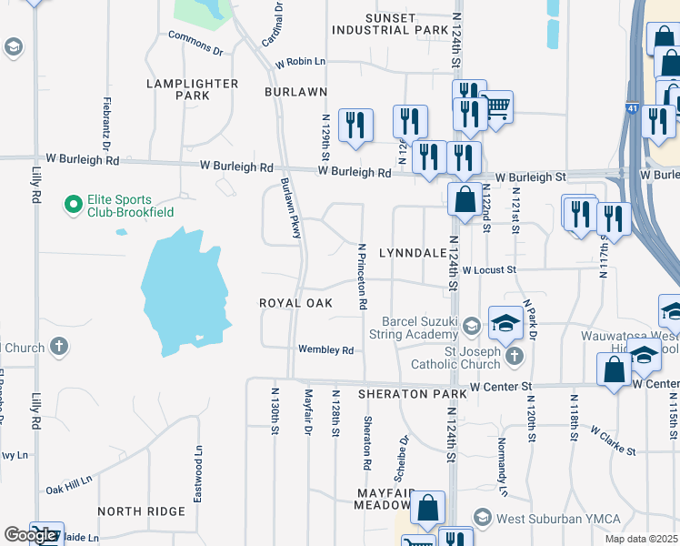 map of restaurants, bars, coffee shops, grocery stores, and more near 12860 West Pinewood Road in Brookfield