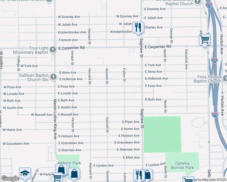 map of restaurants, bars, coffee shops, grocery stores, and more near 501 East Lorado Avenue in Flint