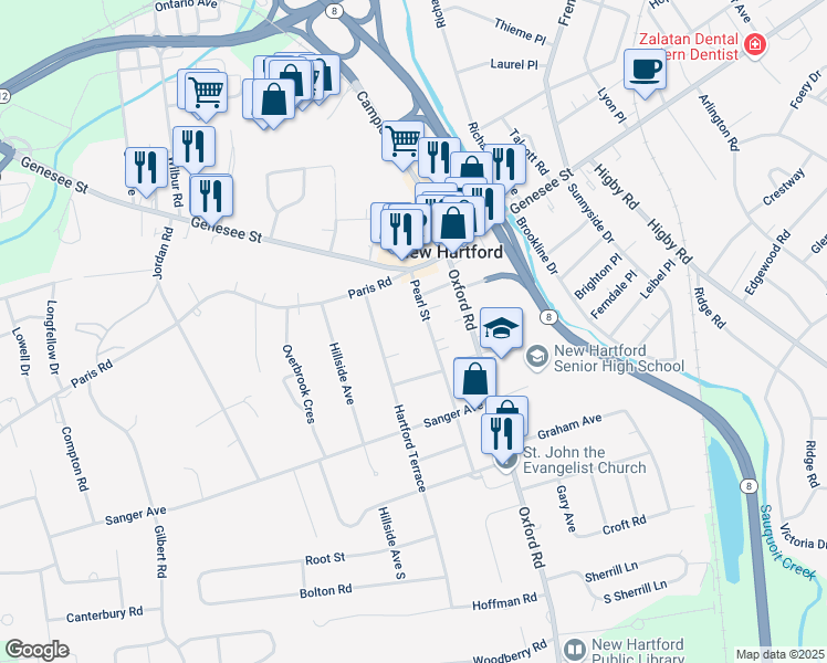 map of restaurants, bars, coffee shops, grocery stores, and more near 22 Pearl Street in New Hartford