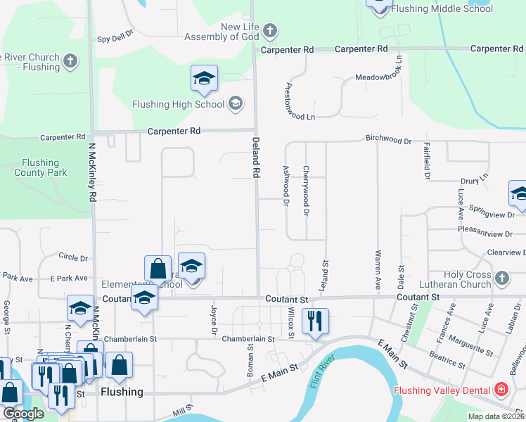 map of restaurants, bars, coffee shops, grocery stores, and more near 508 Deland Road in Flushing