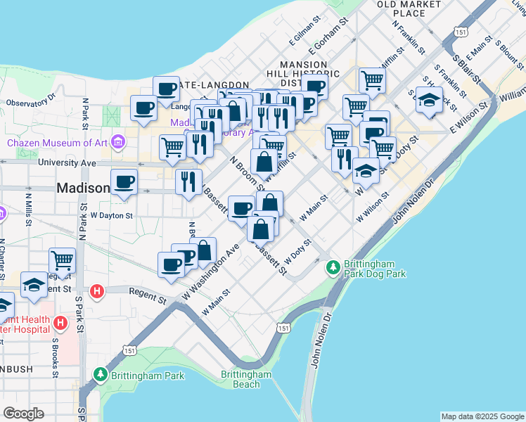 map of restaurants, bars, coffee shops, grocery stores, and more near 418 West Washington Avenue in Madison