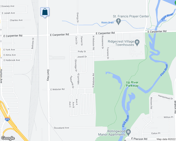 map of restaurants, bars, coffee shops, grocery stores, and more near 6602 Hillcroft Drive in Flint