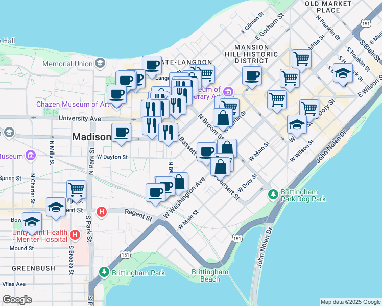 map of restaurants, bars, coffee shops, grocery stores, and more near 114 North Bassett Street in Madison