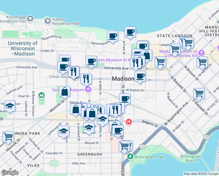 map of restaurants, bars, coffee shops, grocery stores, and more near 202 North Brooks Street in Madison