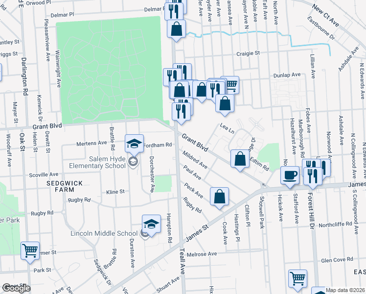 map of restaurants, bars, coffee shops, grocery stores, and more near 392 Mildred Avenue in Syracuse