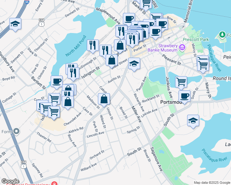 map of restaurants, bars, coffee shops, grocery stores, and more near 364 Middle Street in Portsmouth