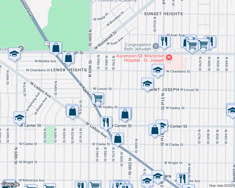 map of restaurants, bars, coffee shops, grocery stores, and more near 2850 North 57th Street in Milwaukee
