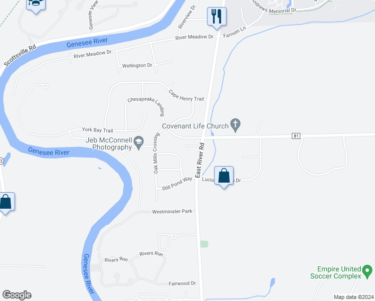 map of restaurants, bars, coffee shops, grocery stores, and more near 25 Tylerton Way in West Henrietta