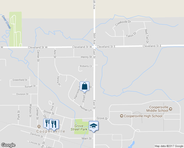 map of restaurants, bars, coffee shops, grocery stores, and more near 619 East Street in Coopersville