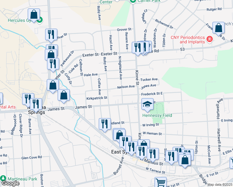 map of restaurants, bars, coffee shops, grocery stores, and more near 202 Frederick Street East in East Syracuse
