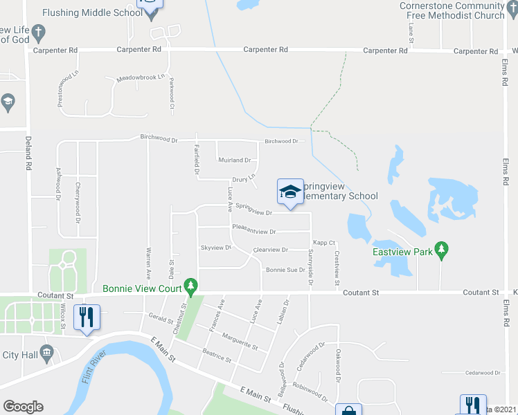 map of restaurants, bars, coffee shops, grocery stores, and more near 1143 Springview Drive in Flushing