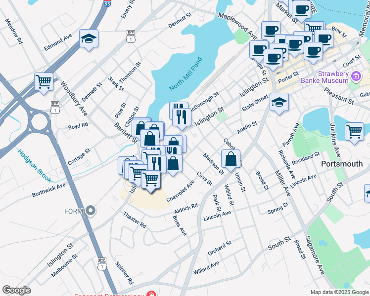 map of restaurants, bars, coffee shops, grocery stores, and more near 2 Columbia Court in Portsmouth