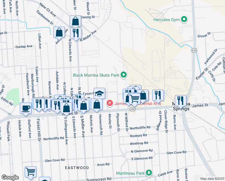 map of restaurants, bars, coffee shops, grocery stores, and more near 1018 Tyson Place in Syracuse
