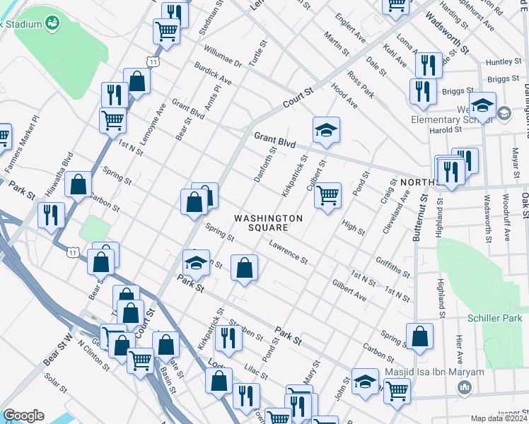 map of restaurants, bars, coffee shops, grocery stores, and more near in Syracuse