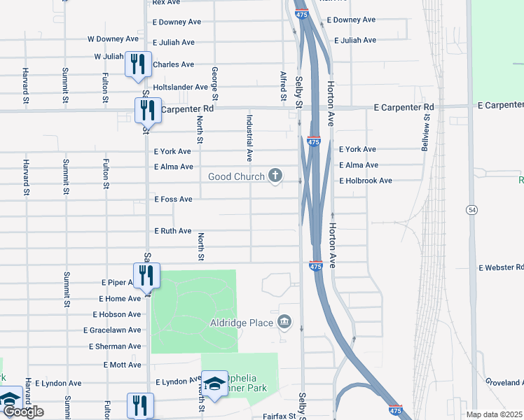 map of restaurants, bars, coffee shops, grocery stores, and more near 1026 East Lorado Avenue in Flint
