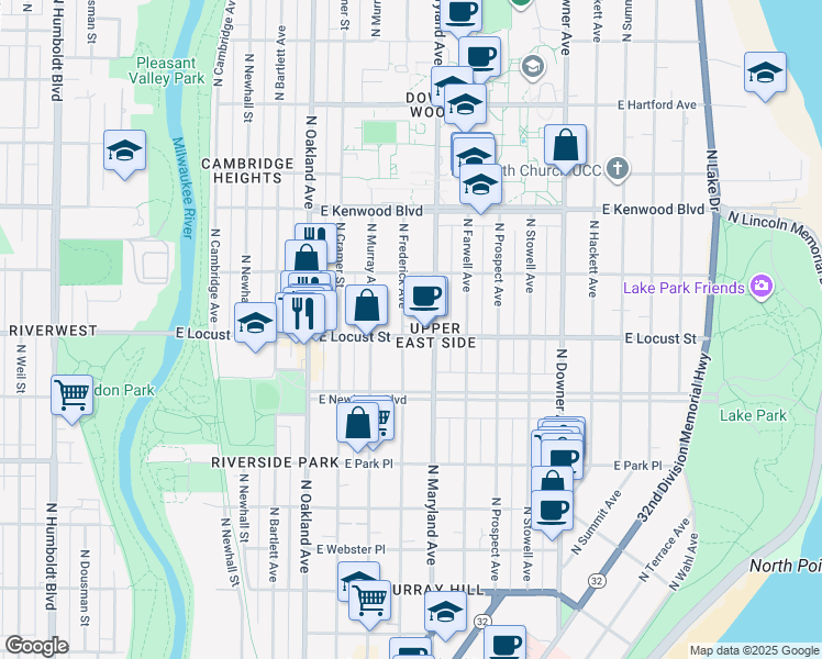 map of restaurants, bars, coffee shops, grocery stores, and more near in Milwaukee